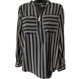Michael Kors Women's Blue Yellow Chain Print Zip‎ Equestrian Long Sleeve Blouse